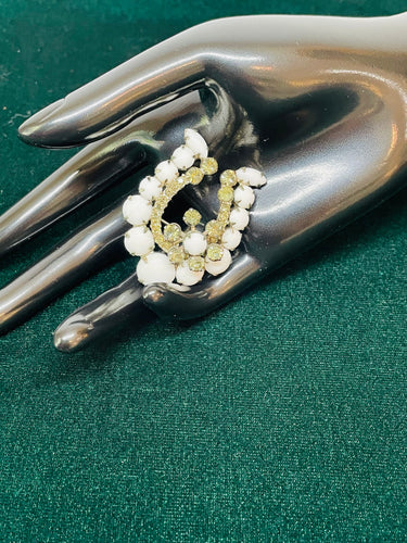 Milk Glass Rhinestone Horseshoe Brooch